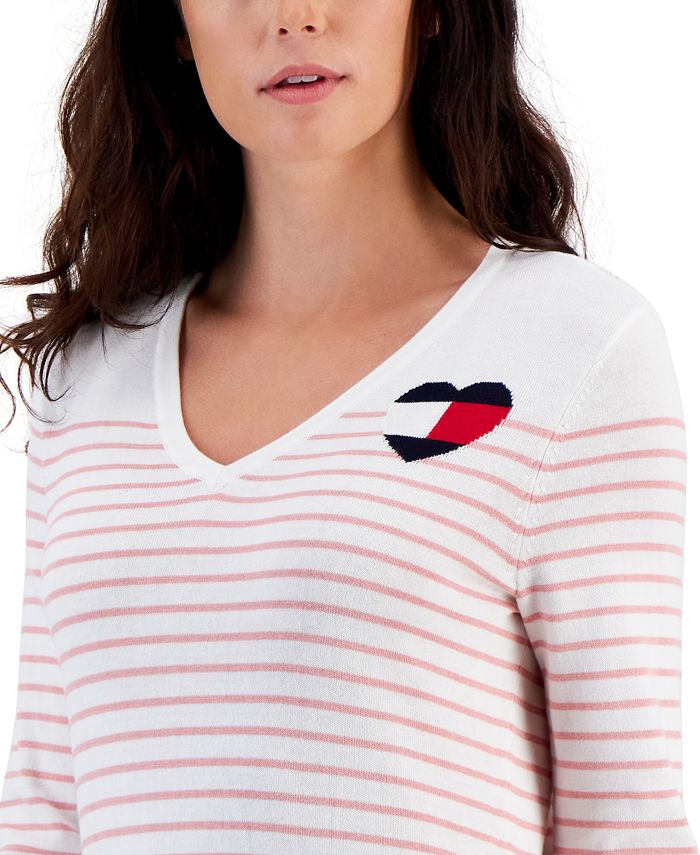 Tommy Hilfiger Women's Cotton Striped Heart-Logo Sweater - Macy's