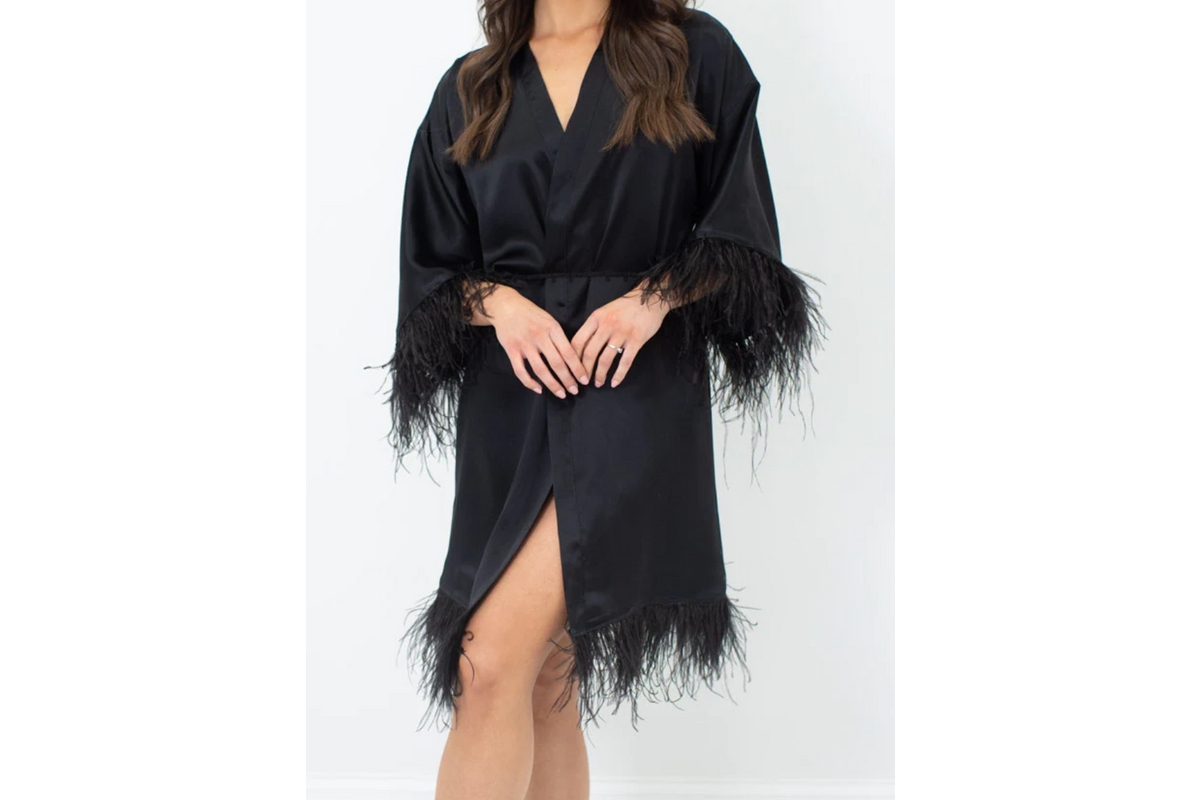 Women's Silk Robe - Short - Ostrich Feather Trim Hem and Sleeve - Silk Collection - Evening black