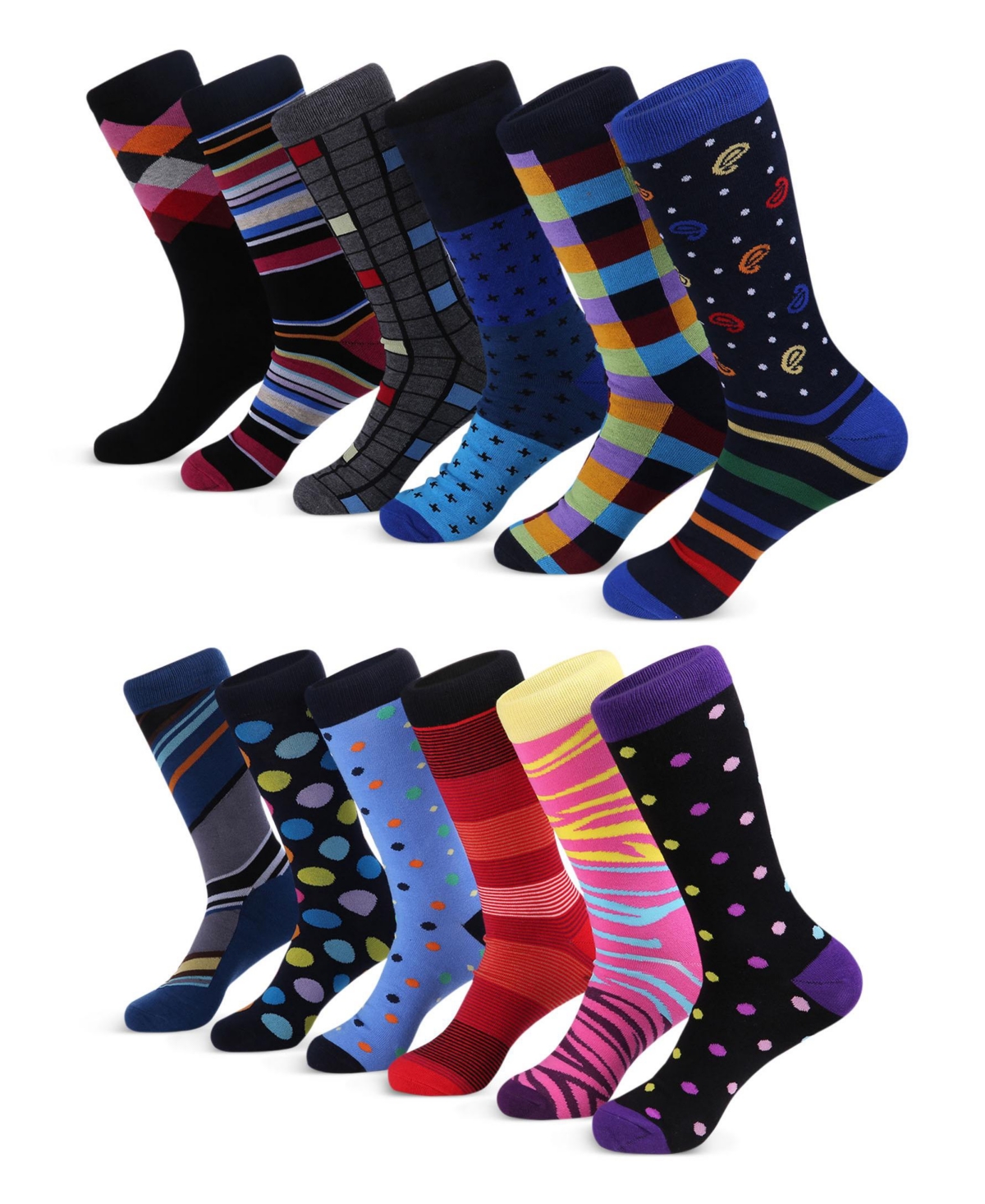 Men's Savvy Sharp Fun Dress Socks 12 Pack - Cool colors