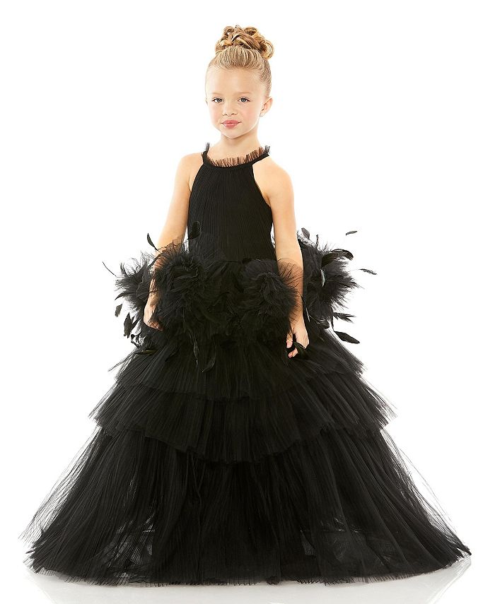 Mac Duggal Little Girls High Neck Tulle Dress with Feather Detail