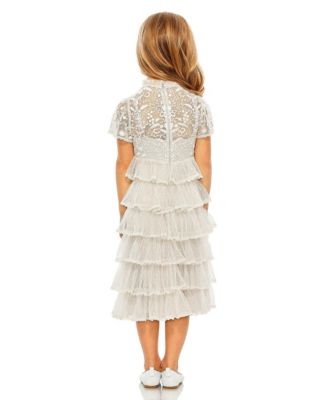 Little Girls High Neck Embroidered Short Sleeve Midi Dress