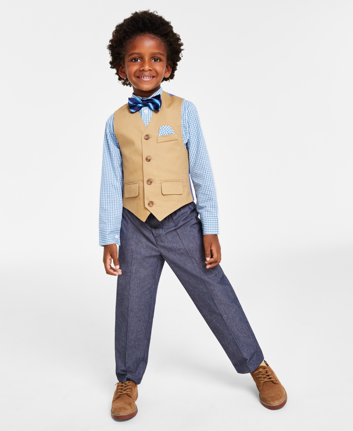 Nautica Toddler Boys 4-pc. Machine Washable Plaid Shirt, Twill Vest, Pants & Bow Tie Set In Brown