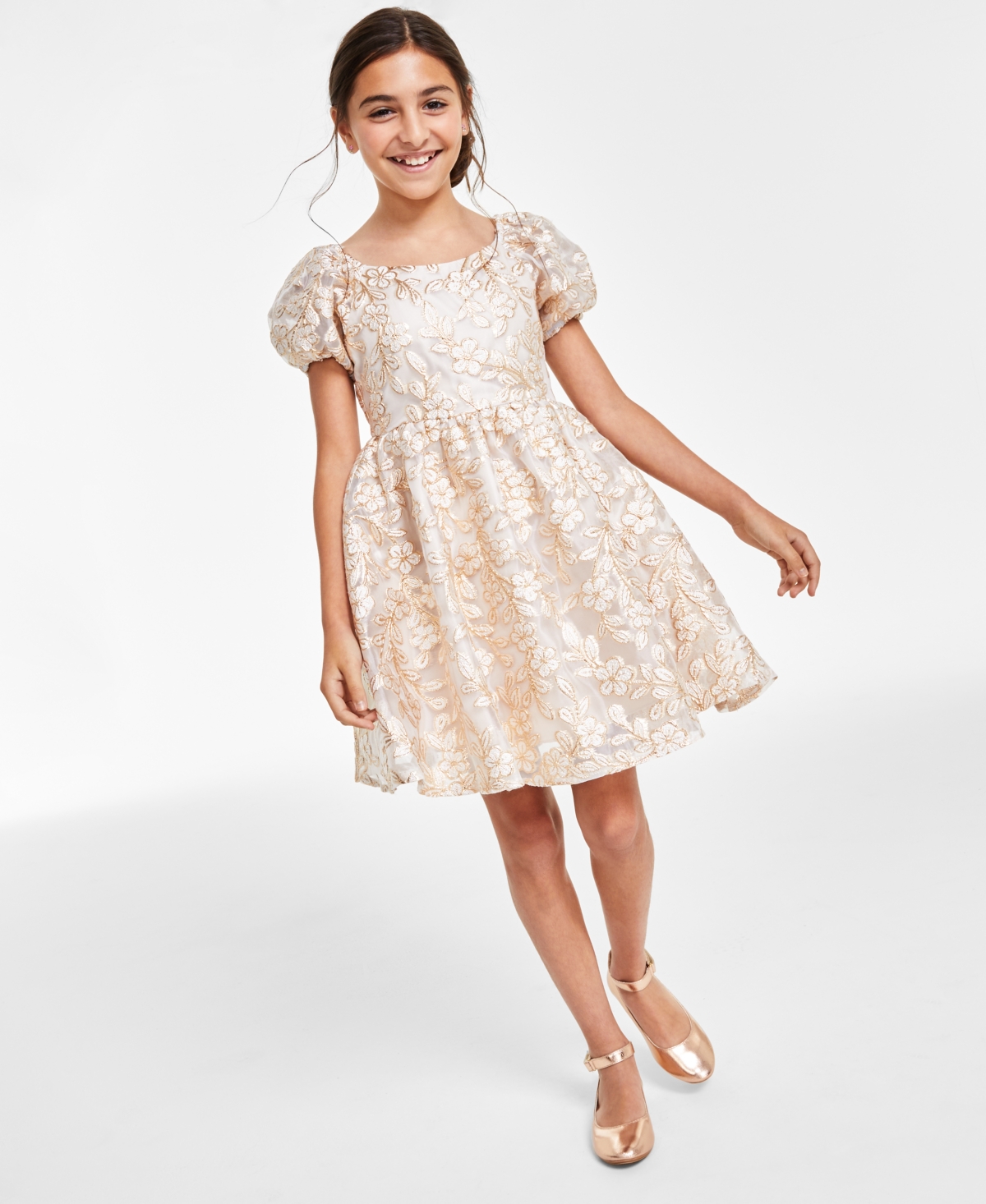 Rare Editions Kids' Big Girls Gold Brocade Floral Embroidered Dress