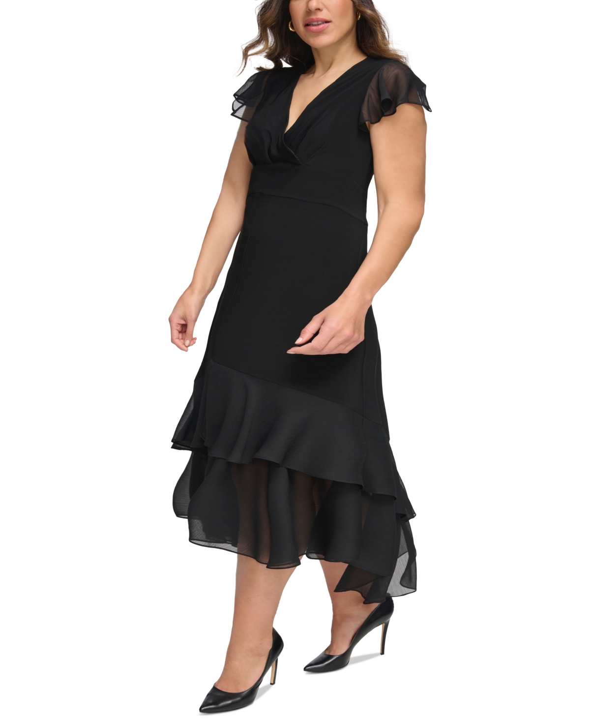 1930s Plus Size Dresses | Art Deco Plus Size Dresses Tommy Hilfiger Plus Size Flutter-Sleeve A-Line Dress - Black $129.00 AT vintagedancer.com