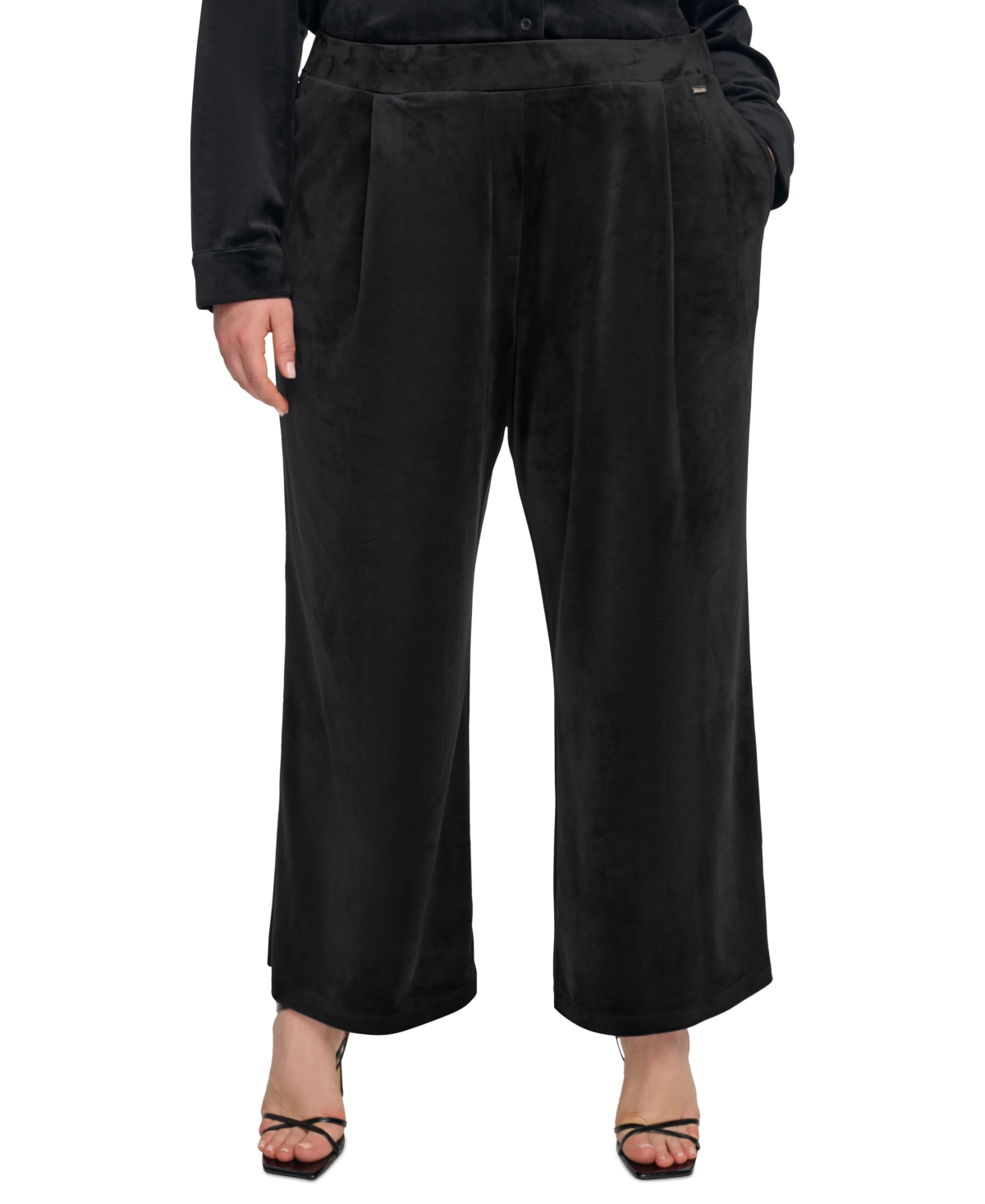 Calvin Klein Plus Size Velvet Wide-leg Pull-on Pleated Pants In Black