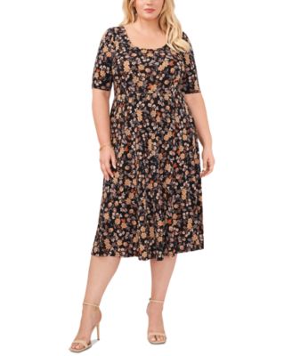 MSK - Plus Size Floral-Print Elbow-Sleeve Midi Dress