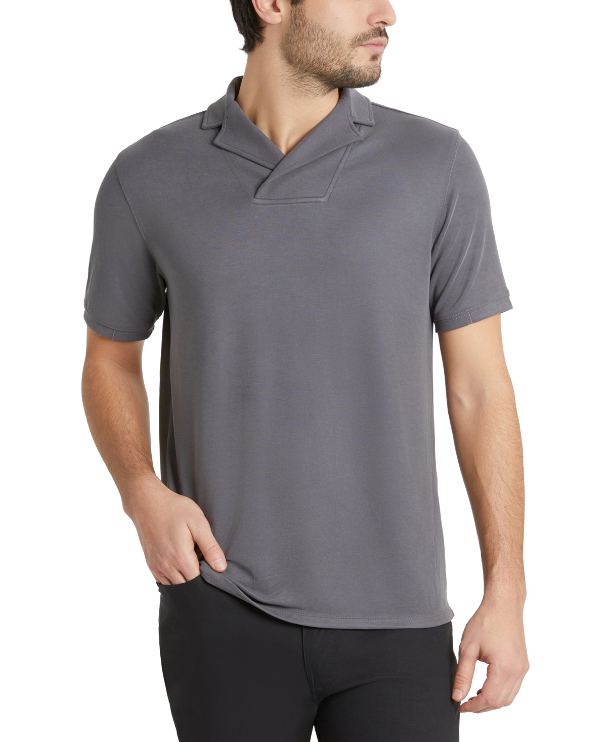 Kenneth Cole Men's Short Sleeve Camp Johnny Collar Performance Polo Shirt In Heather Gray