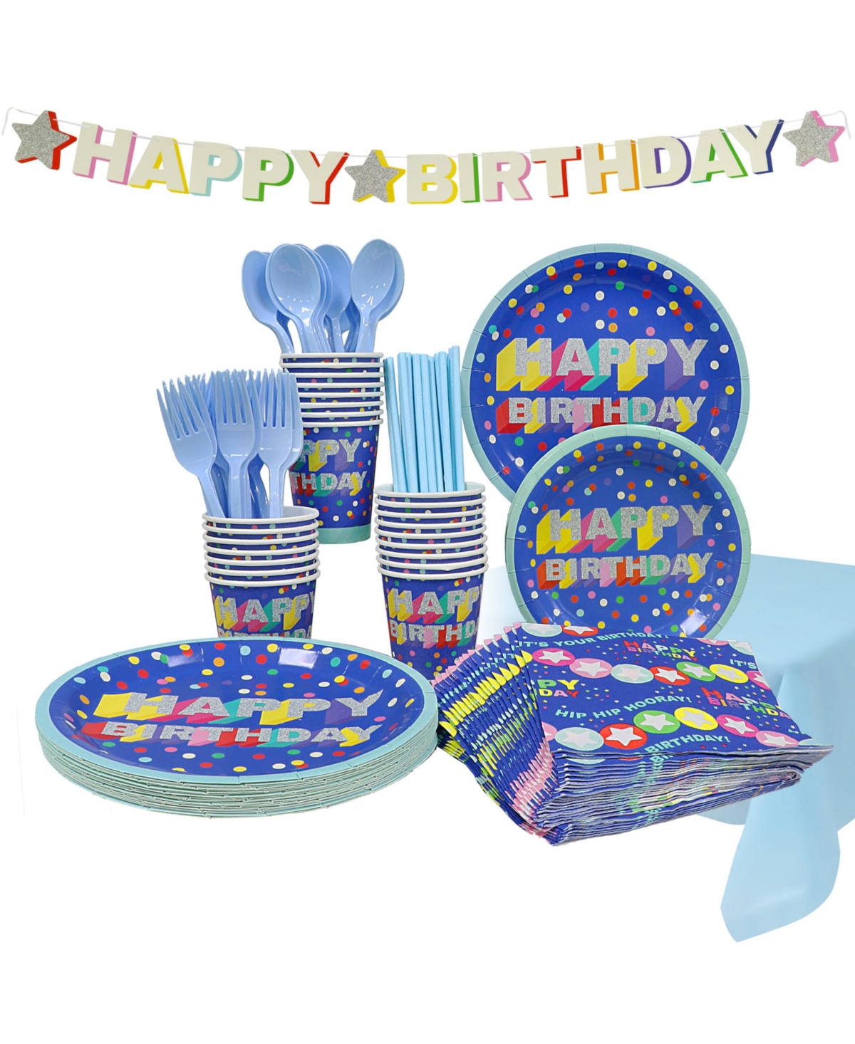 Puleo Disposable Birthday Party Set, Serves 24, With Large And Small Paper Plates, Paper Cups, Straws, Nap In Blue