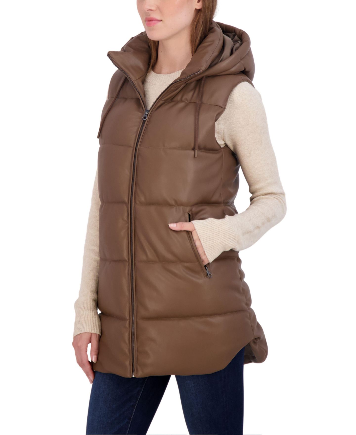 Женский жилет Sebby Collection Puffer Faux Leather Vest with Hood, цвет: Средний коричневый — фото 2