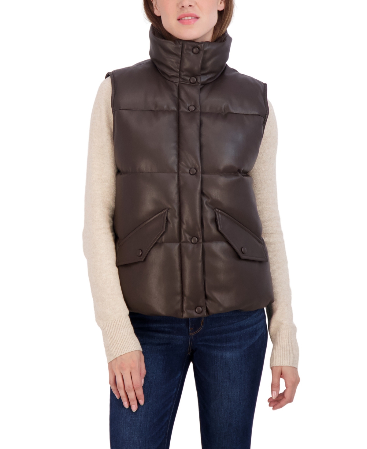 Women's Faux Leather Puffer Vest - Brown