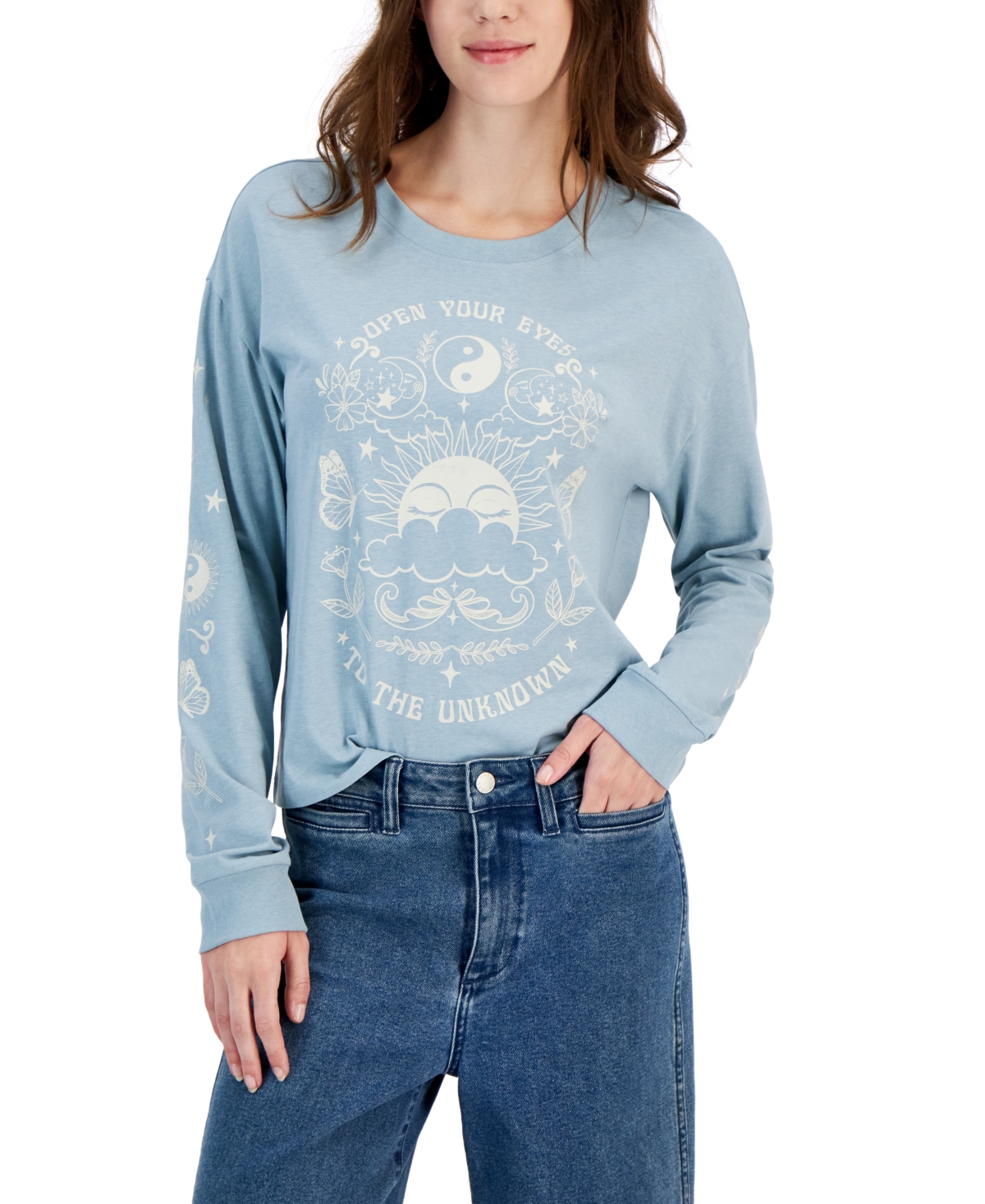 Rebellious One Juniors' Open Your Eyes Graphic-print T-shirt In Stone Blue