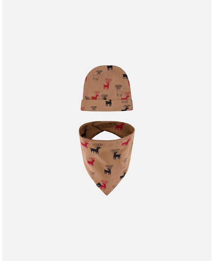 Deux par Deux Baby Boy Organic Cotton Printed Reindeers Hat And Bib Set