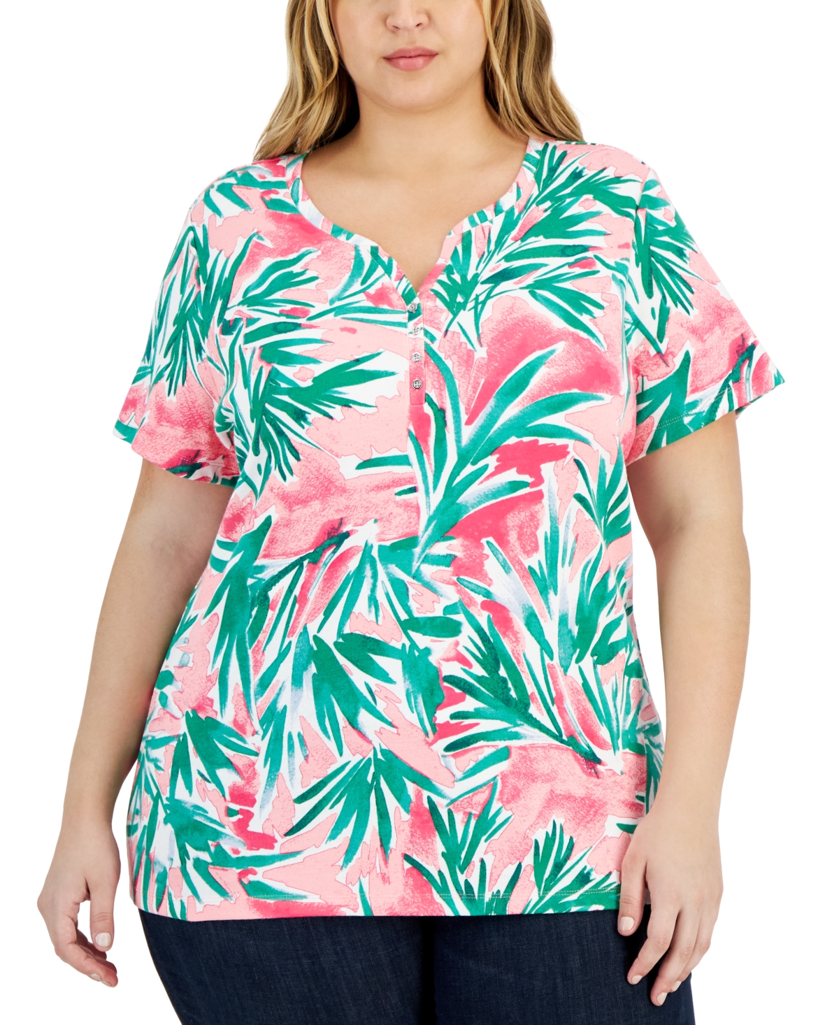 Plus Size Palm Party Short-Sleeve Henley, Created for Macy's - Steel Rose