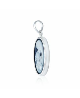 Classic Blue White Carved Oval Simple Framed Victorian Lady Portrait Mother and Child Cameo Pendant Necklace Wife Sterling Silver