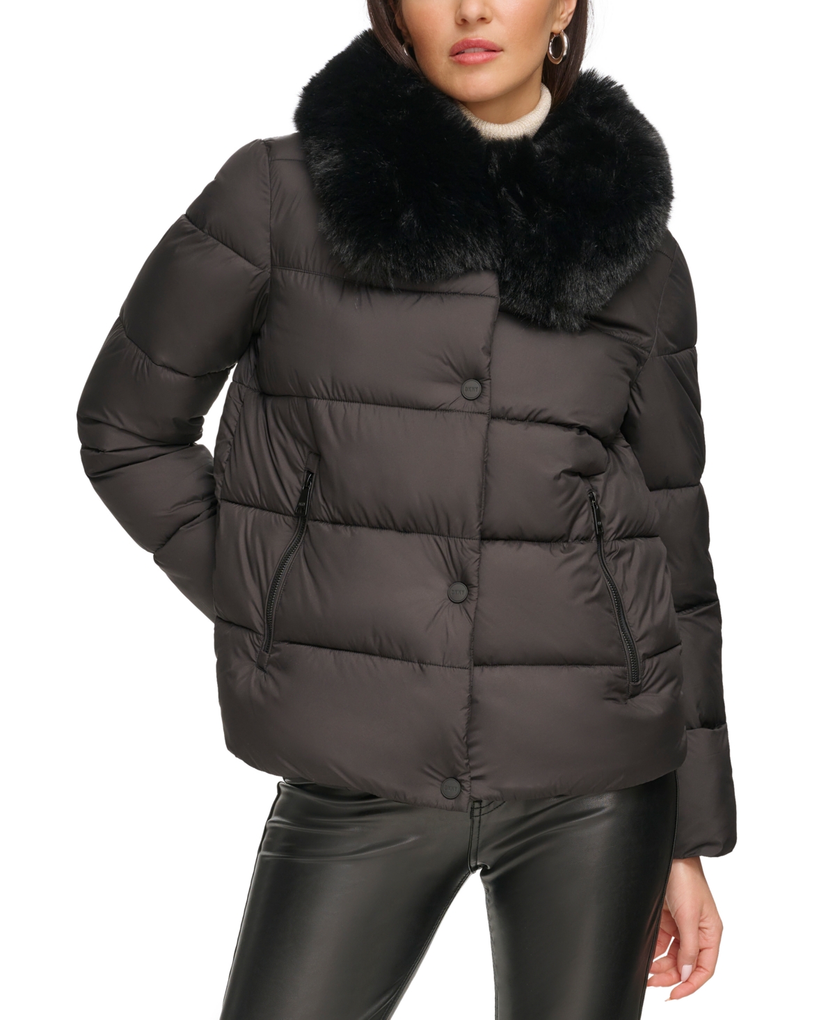 Dkny Women's Faux-fur-trim Collar Puffer Coat In Black