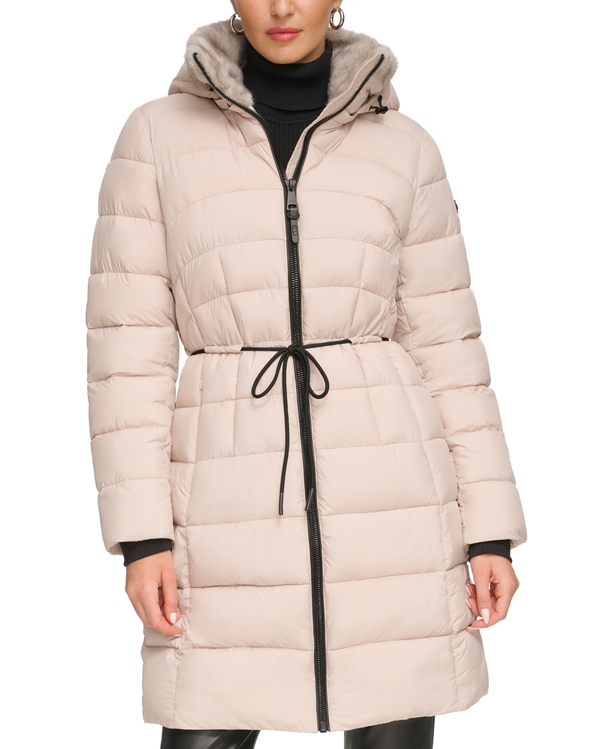 DKNY WOMEN'S ROPE BELTED FAUX-FUR-TRIM HOODED PUFFER COAT