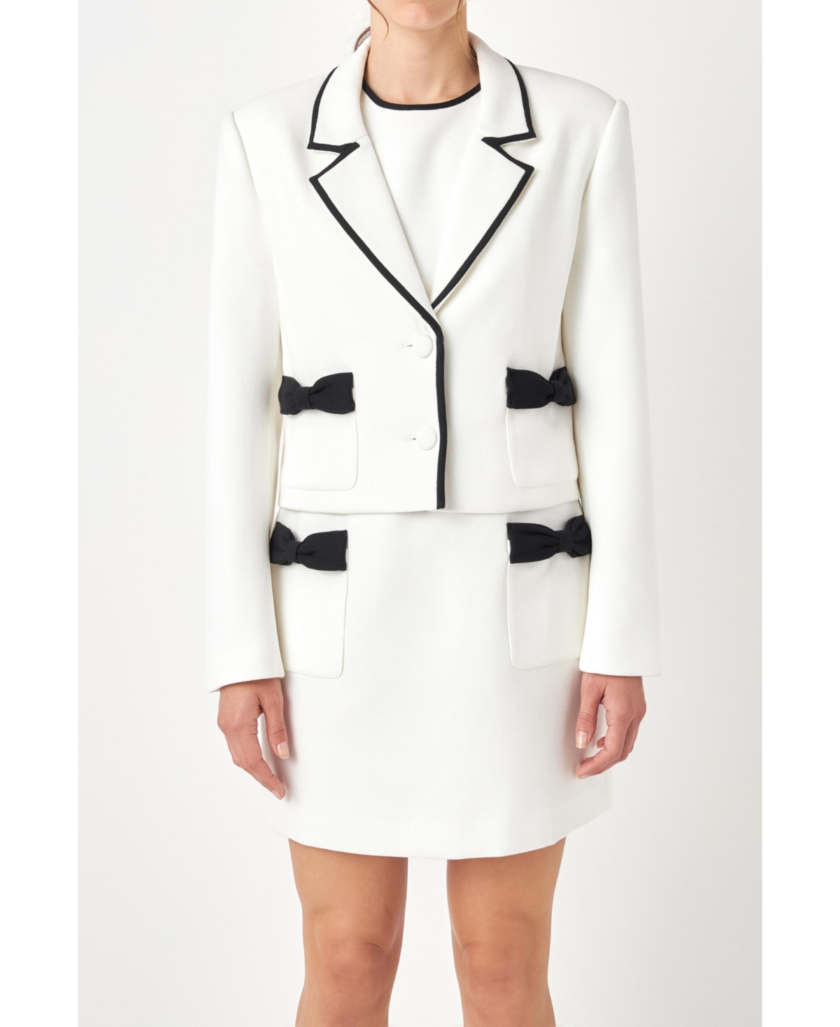 English Factory Women's Bow Contrast Tweed Blazer In Ivory/black