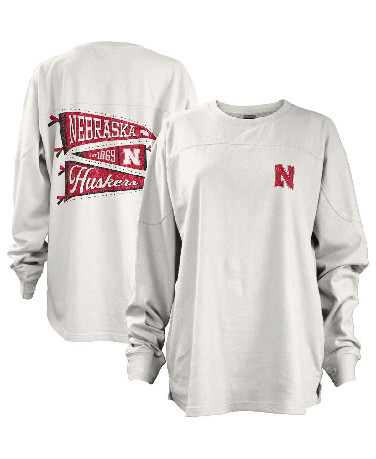 Pressbox Women's  White Nebraska Huskers Pennant Stack Oversized Long Sleeve T-shirt