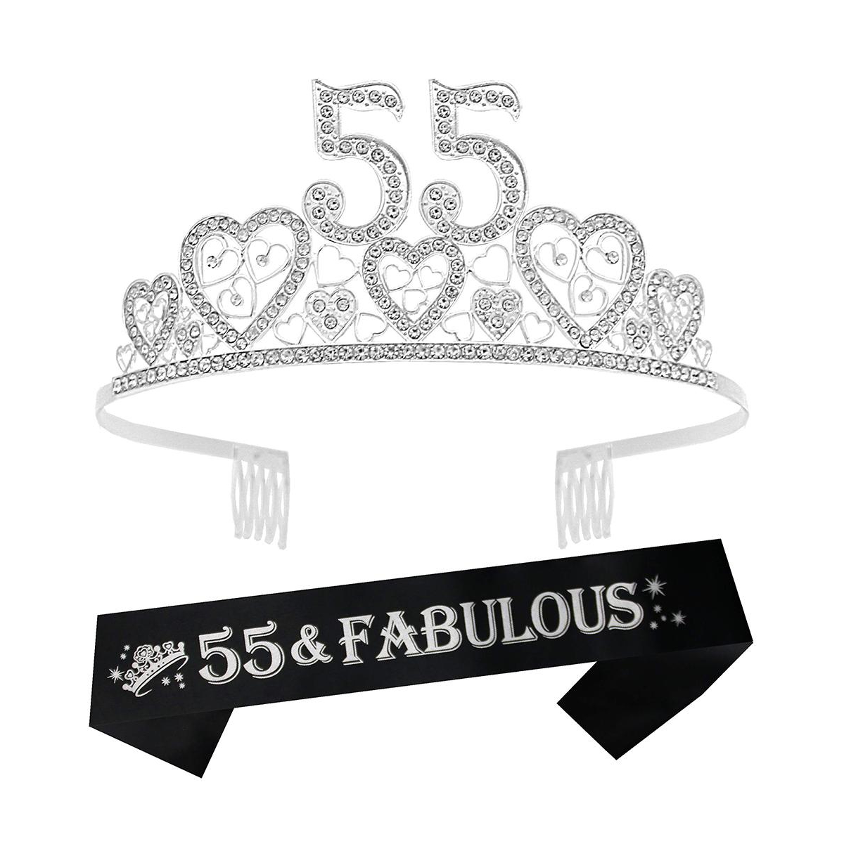 55th Birthday Sash and Tiara for Women - Perfect for Birthday Party and Gifts - Silver
