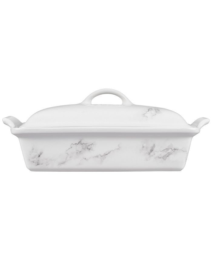 Le Creuset 4 Quart Stoneware Covered Rectangular Casserole with Marble Applique - White - 4.5 Quart