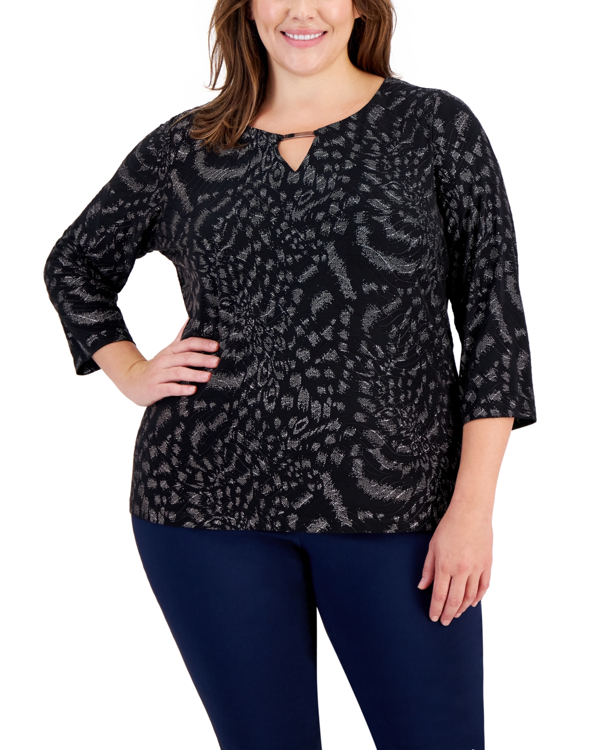 Jm Collection Plus Size Cheetah Glitter Keyhole Top, Created for Macy's