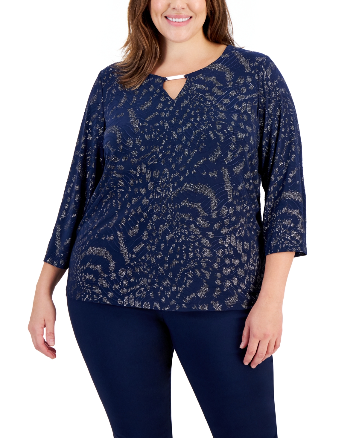 Jm Collection Plus Size Cheetah Glitter Keyhole Top, Created for Macy's