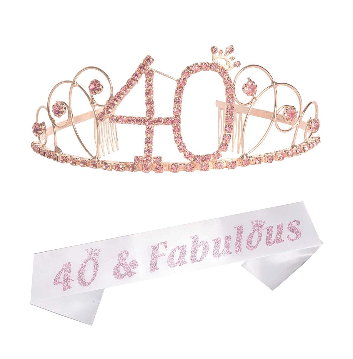 40th Birthday Sash and Tiara Set for Women - Glittery Sash and Pink Rhinestone Metal Tiara, Perfect 40th Birthday Party Gifts and Accessories - Pink