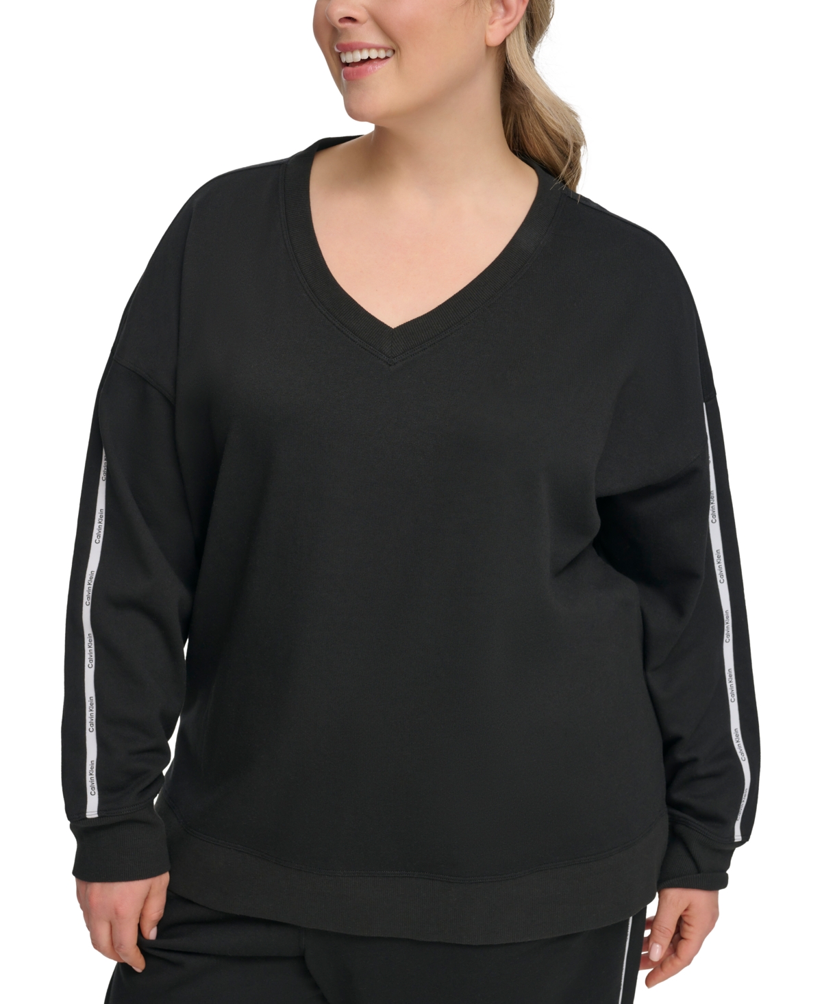 Calvin Klein Plus Size Minimal Logo Tape V-neck Sweatshirt In Black