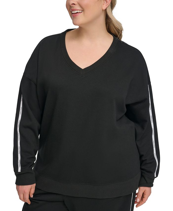 Calvin Klein Plus Size Minimal Logo Tape V-Neck Sweatshirt - Macy\'s
