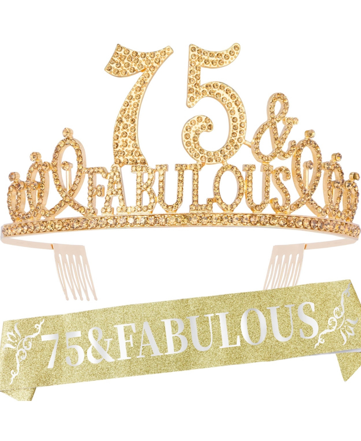 75th Birthday Sash and Tiara for Women - Glitter Sash and Rhinestone Gold Metal Tiara, Perfect for Her 75th Birthday Celebration and Gifts - Pink