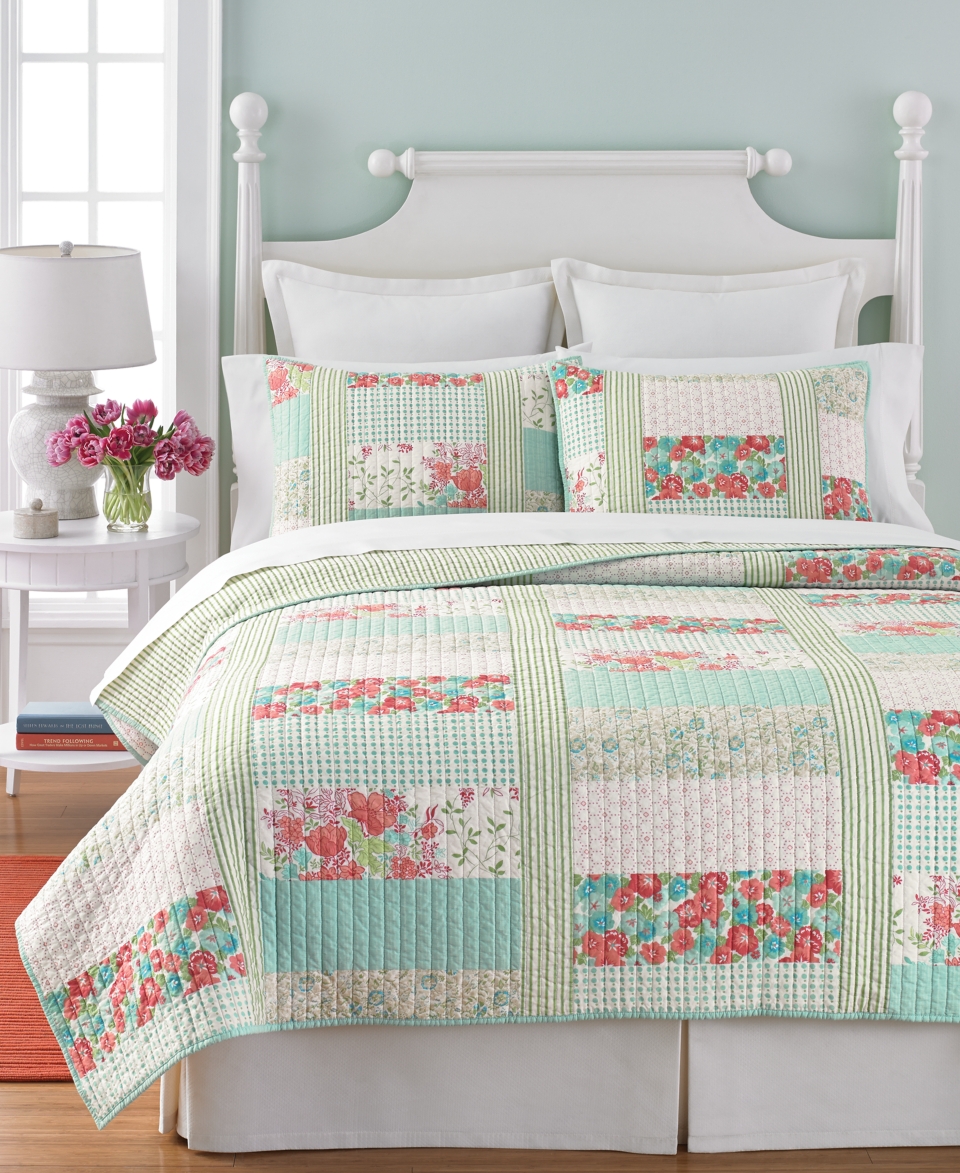 Martha Stewart Collection Aqua & Coral Patchwork Posey Twin Quilt