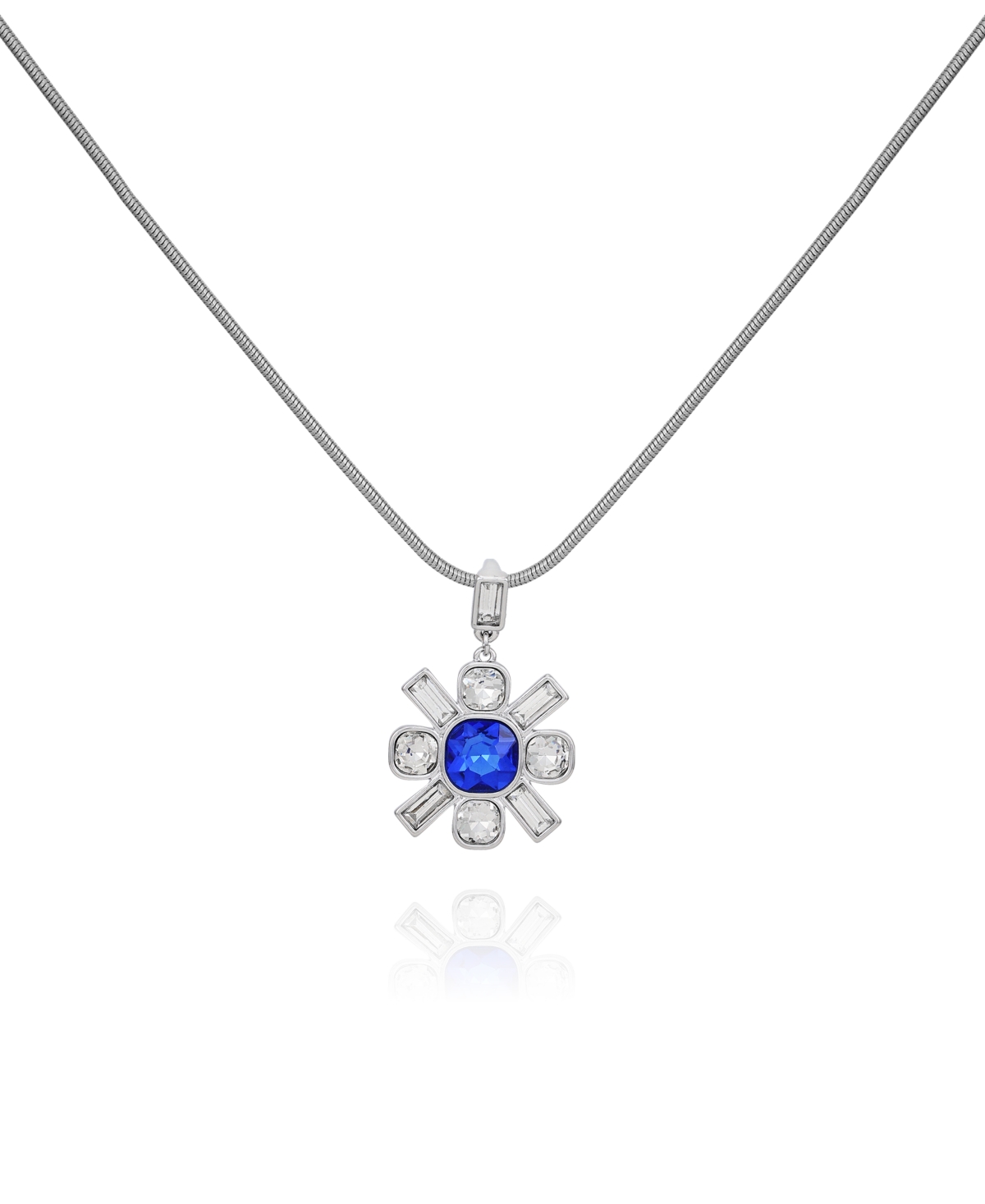 T Tahari Silver-tone Blue Sapphire Glass Stone Flower Pendant Chain Necklace, 32" + 3" Extender