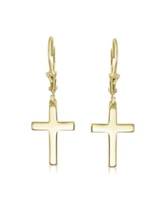 Minimalist Religious Cross Dangle Earrings 14K Gold Plated Sterling Silver