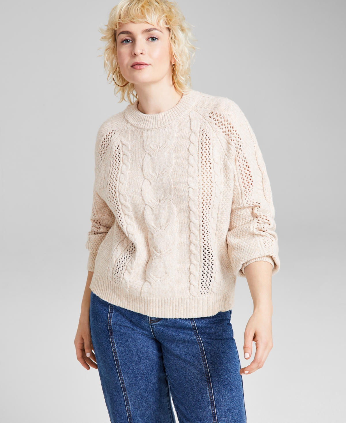 And Now This Women's Cable-knit Raglan-sleeve Sweater, Created For Macy's In Cafe Melange