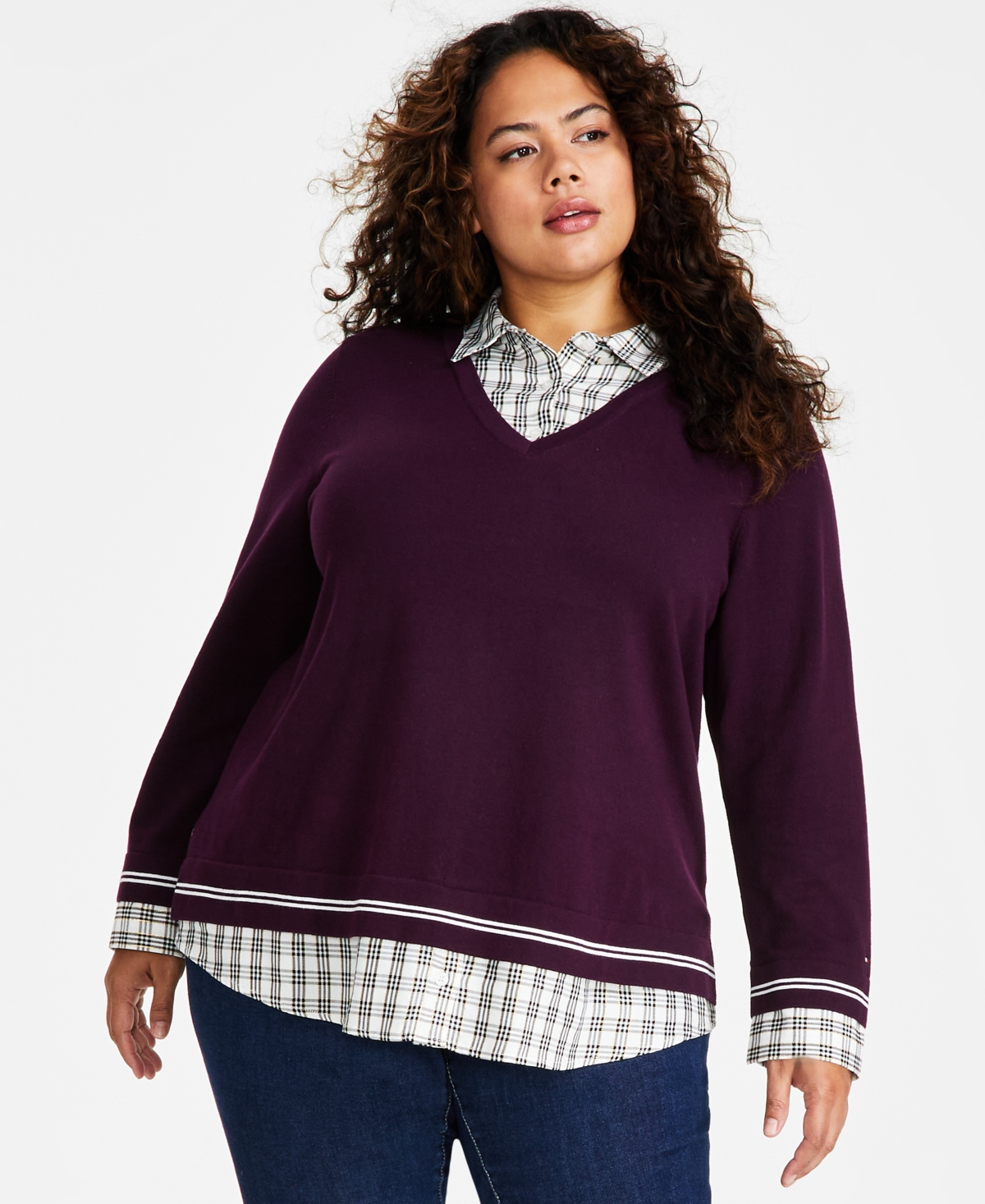 Tommy Hilfiger Plus Size Layered-look Cotton Sweater In Aubergine,ivory Multi
