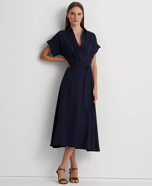 women's self-belt roll-tab sleeve surplice crepe dress