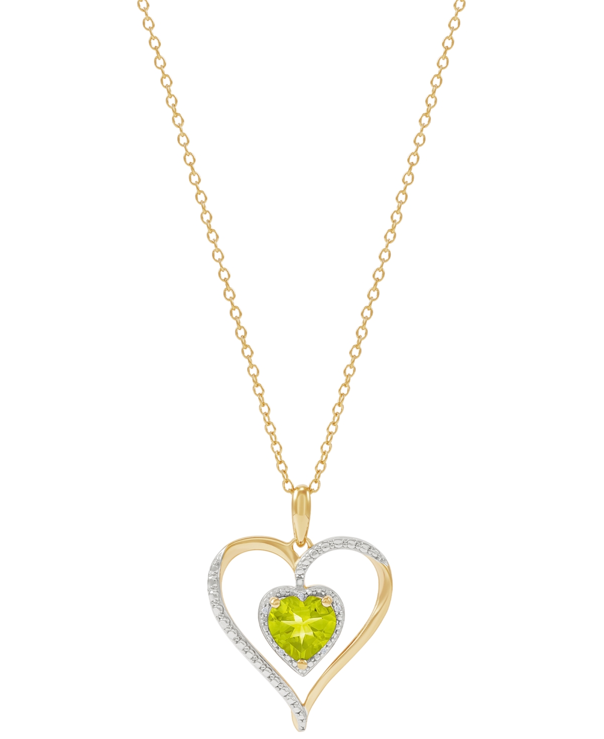 Macy's Birthstone Gemstone & Diamond Accent Heart 18" Pendant Necklace In 14k Gold-plated Sterling Silver In Peridot