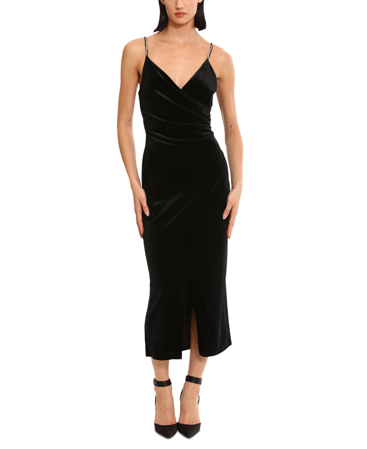 Women's Rhinestone-Strap Midi Dress - Black