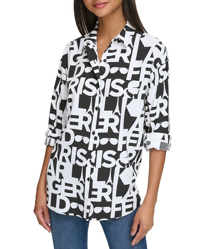 KARL LAGERFELD PARIS Women's Logo-Print Oversized Blouse - Macy's