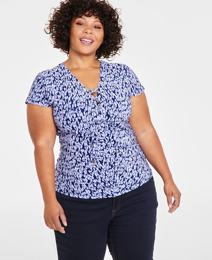 I.N.C. International Concepts Plus Size Printed Lace-Up Top, Created ...