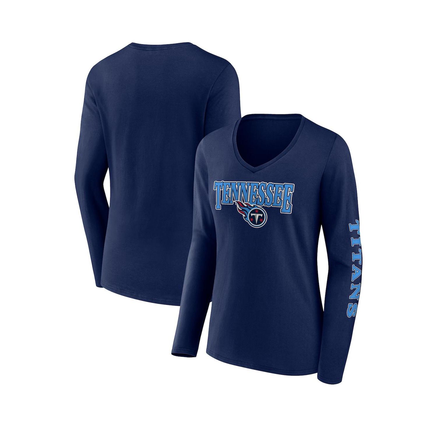 Women's Navy Tennessee Titans Wordmark Long Sleeve V-Neck T-shirt