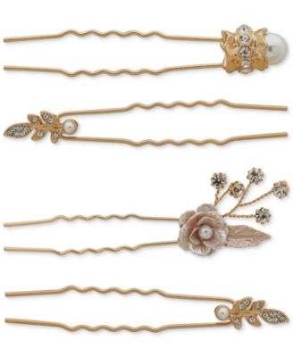 lonna & lilly - Gold-Tone 4-Pc. Set Imitation Pearl & Crystal Flower Motif Hair Pins