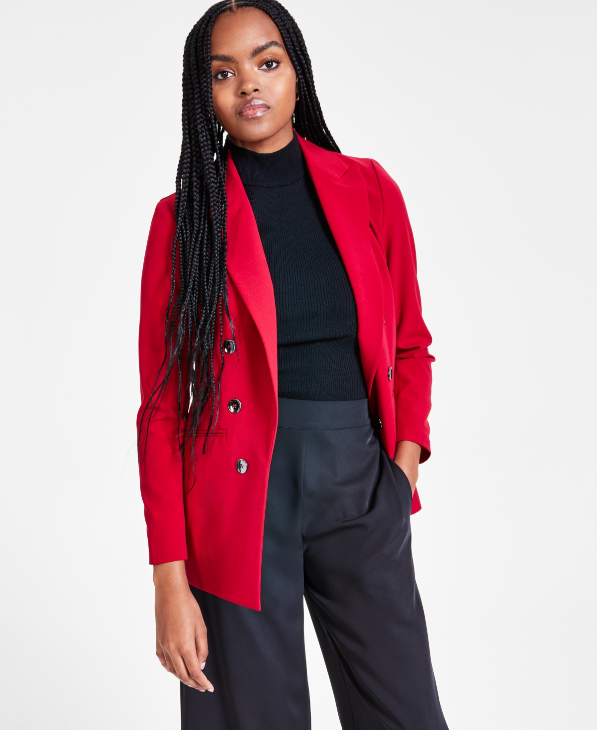 Women's Faux Double-Breasted Boyfriend Jacket, Created for Macy's - Pomegranate