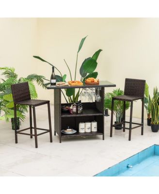 Patio 3PCS Wicker Bar Set Height Table Two Stools with 3 Rows Stemware Racks Garden
