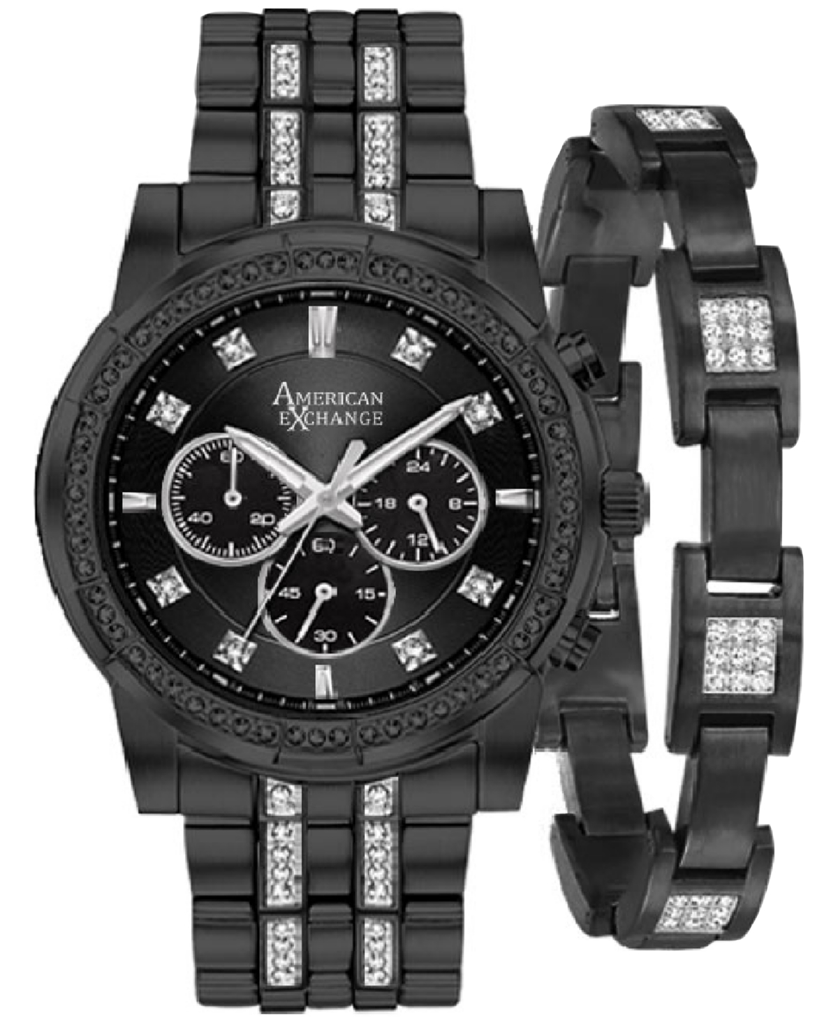 American Exchange Men's Crystal Bracelet Watch 46mm Gift Set In Black
