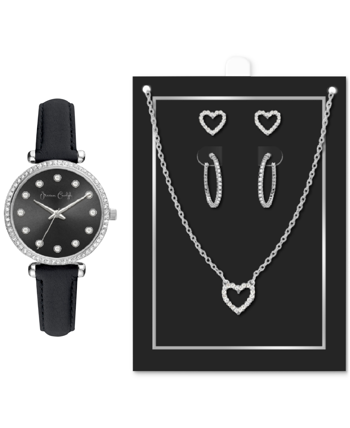 Jessica Carlyle Women's Black Strap Watch 33mm Jewelry Gift Set In Silver