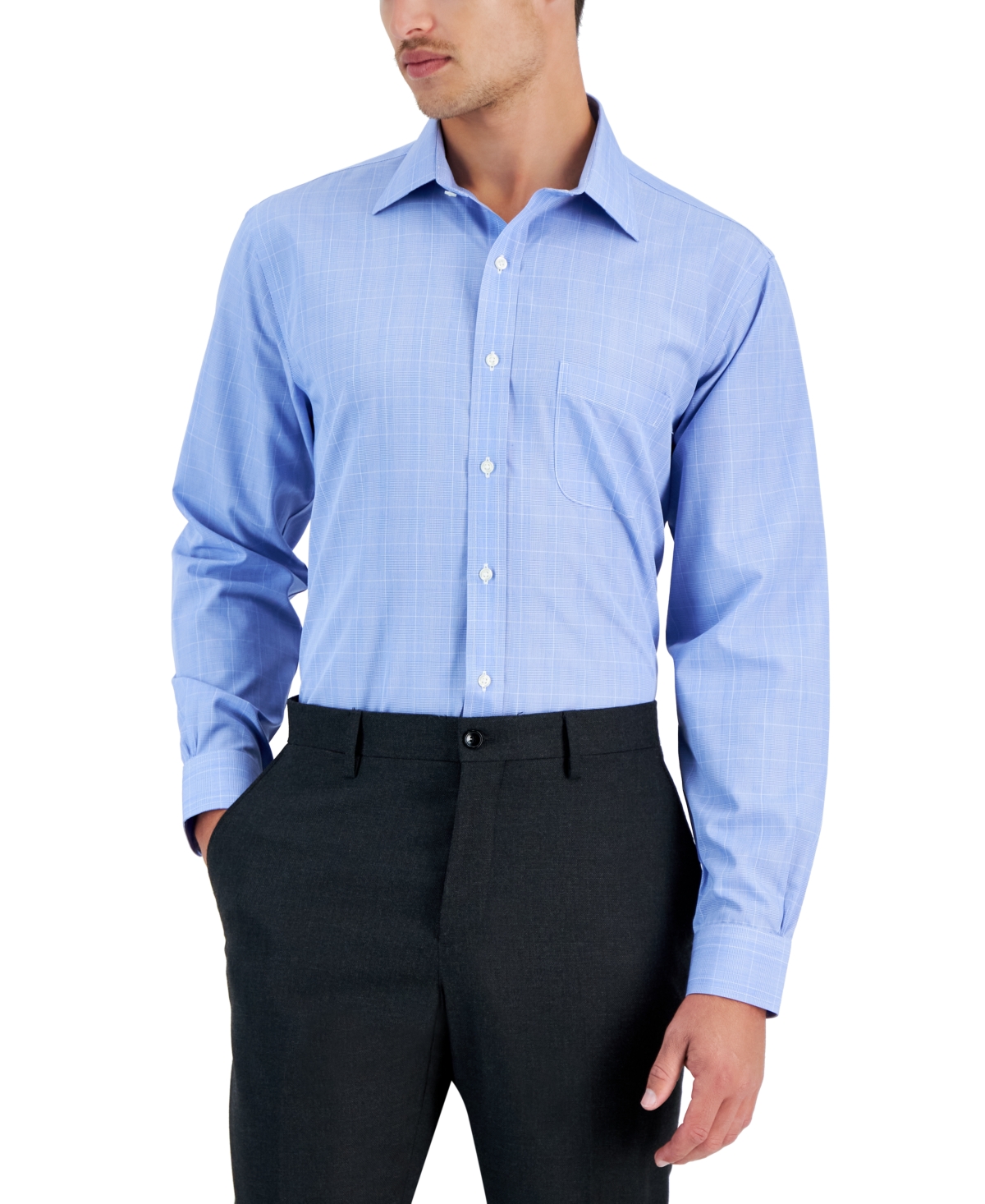 B by Brooks Brothers Men's Regular Fit Non-Iron Glen Plaid Dress Shirt - Blue