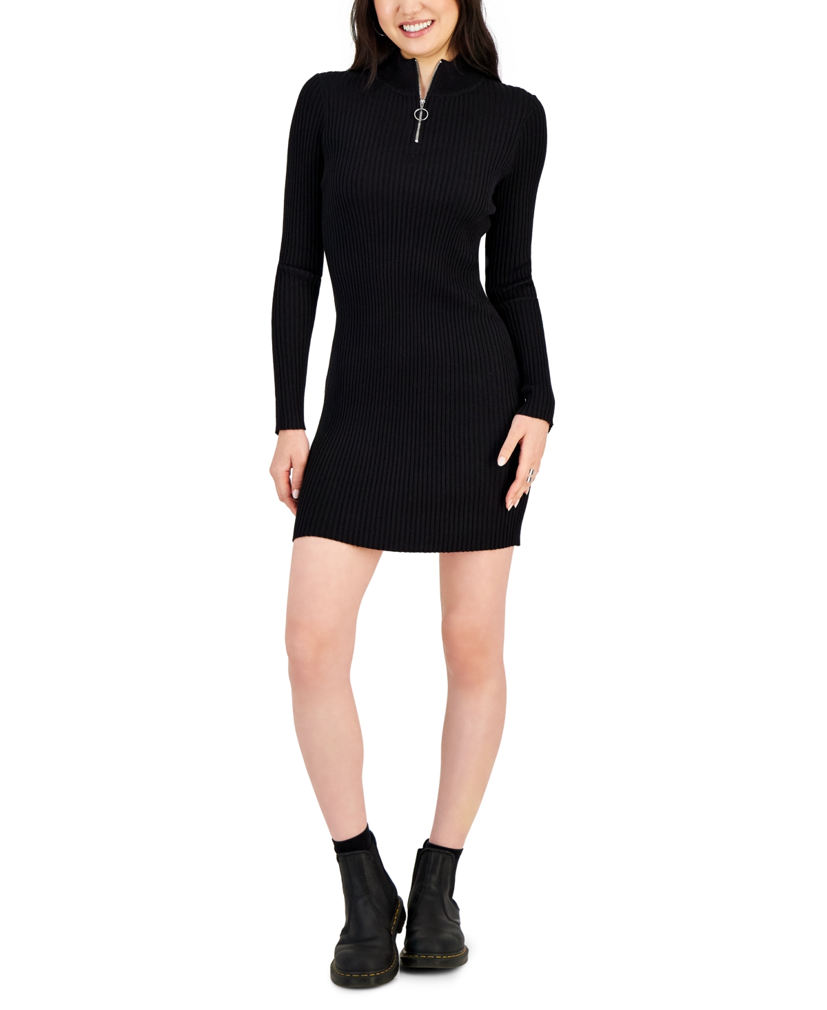 Juniors' Zip-Up Fitted Sweater Dress - Black