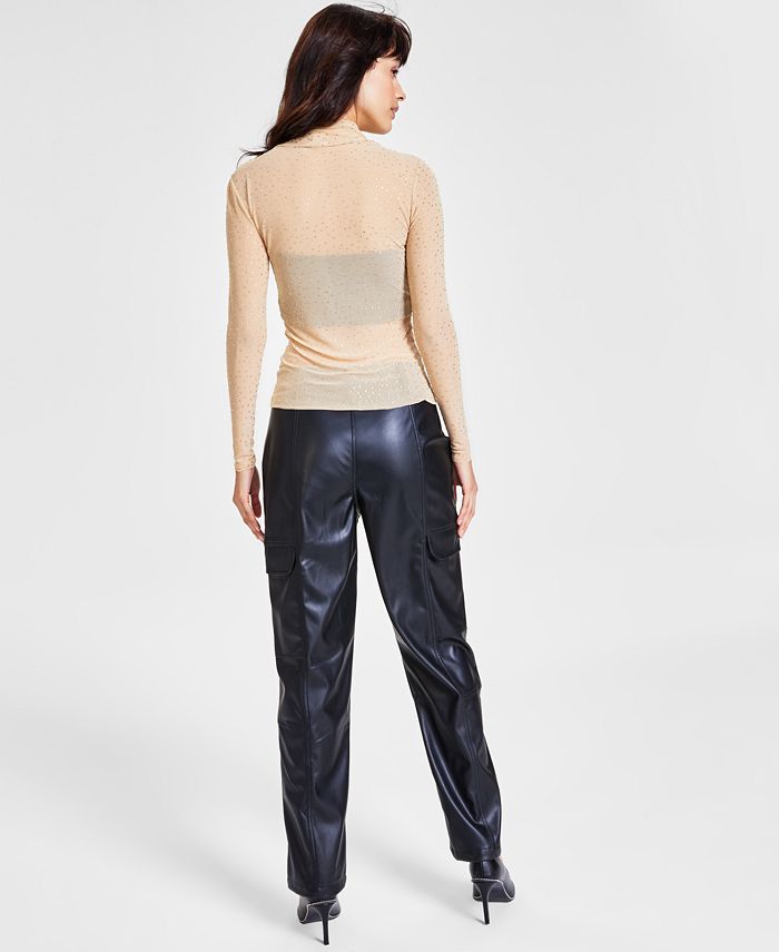 Bar III Women's Mock Neck Long-Sleeve Top & Faux-Leather Cargo Pants ...