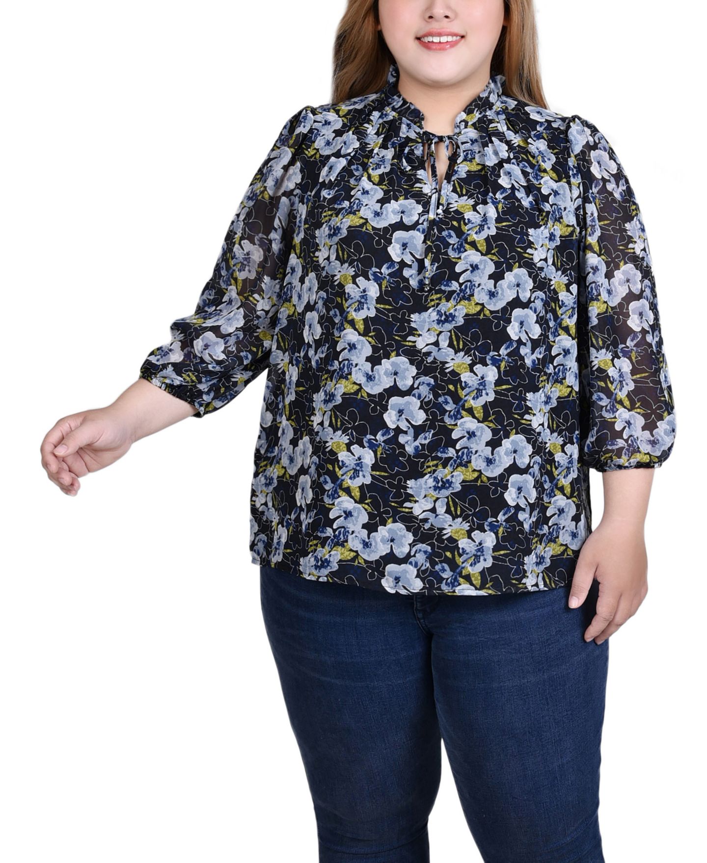Женская блузка NY Collection Plus Size 3/4 Sleeve Chiffon, цвет: Чёрный с принтом — фото 1